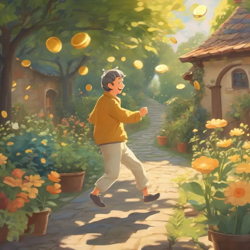 an illustration of a cheerful and slightly confused man with a warm smile, wearing cozy pajamas, outside chasing a golden coin chasing the mischievous coin around his whimsical back garden