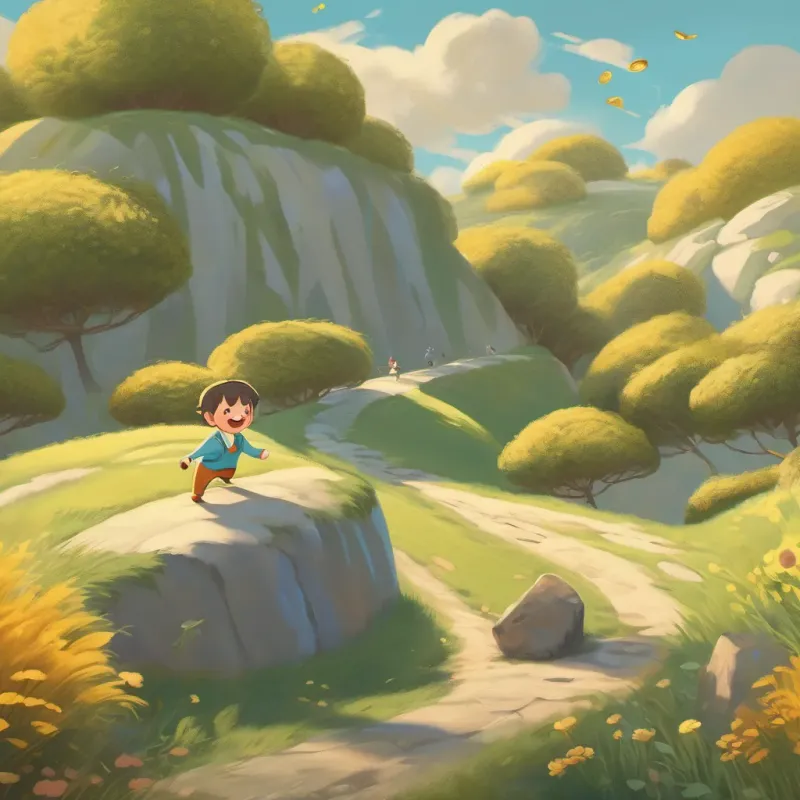 an illustration of a cheerful and slightly confused man with a warm smile, wearing cozy pajamas, outside chasing a golden coin vigorously chasing the coin up a small hill