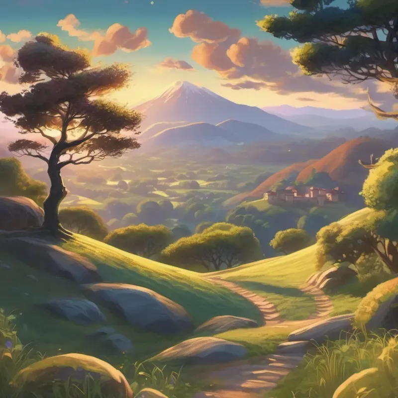 an illustration of the talking coin under the twinkling tree at the top of the hill