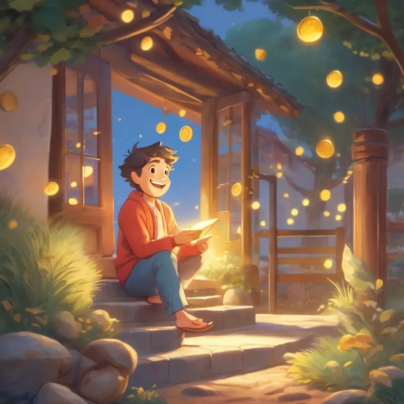 an illustration of a cheerful and slightly confused man with a warm smile, wearing cozy pajamas, outside chasing a golden coin reading the glowing message from the coin