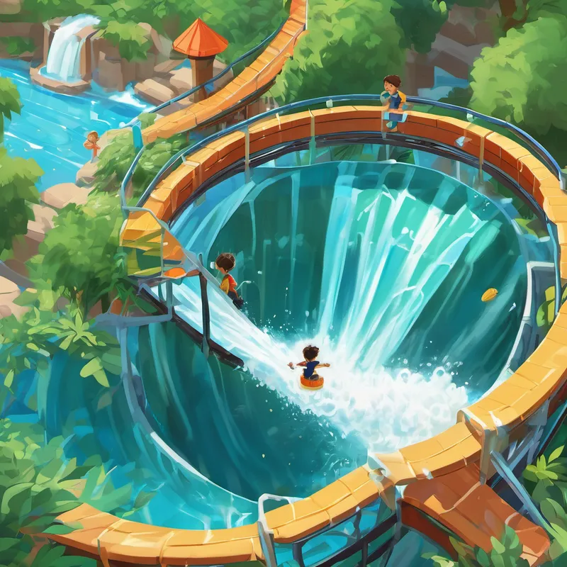 Now, it was time to test the different elements of his waterpark. Chase positioned a wide PVC pipe at the top, allowing the water to gush into a huge bucket. As the bucket filled up, it tipped, and water poured out like a colossal waterfall. Chase eagerly followed the water's path as it cascaded through the slide he had ingeniously constructed. He couldn't help but let out a joyful cheer as he watched the water glide smoothly through the sloping pipes. But Chase's imagination didn't stop there. He added mini waterwheels, tiny jets, and even a swirling vortex that spun the water around like a mini hurricane. His waterpark was turning out to be even better than he had hoped.