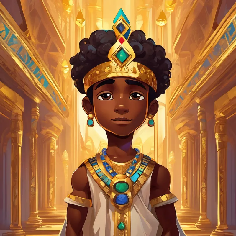 Little pharaoh with dark skin, brown eyes, and a cool golden crown wearing a regal golden crown with colorful jewels, standing in his grand palace