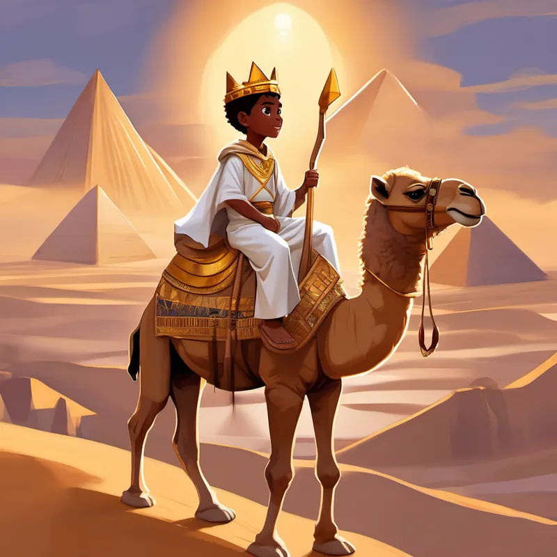 Little pharaoh with dark skin, brown eyes, and a cool golden crown wearing a white explorer robe, riding a camel named Camel with light brown fur and friendly eyes, with pyramids in the distance