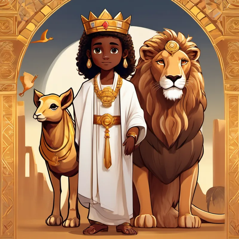 Little pharaoh with dark skin, brown eyes, and a cool golden crown and Camel with light brown fur and friendly eyes standing next to a regal lion with a golden mane and amber eyes, and a graceful ibis bird with white feathers
