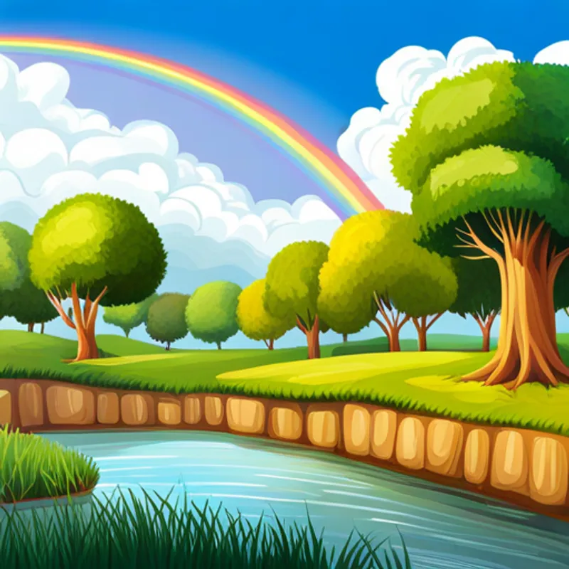 A colorful illustration of a beautiful land with rainbows