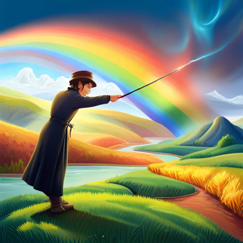 An illustration of Larry using magic to restore the rainbows