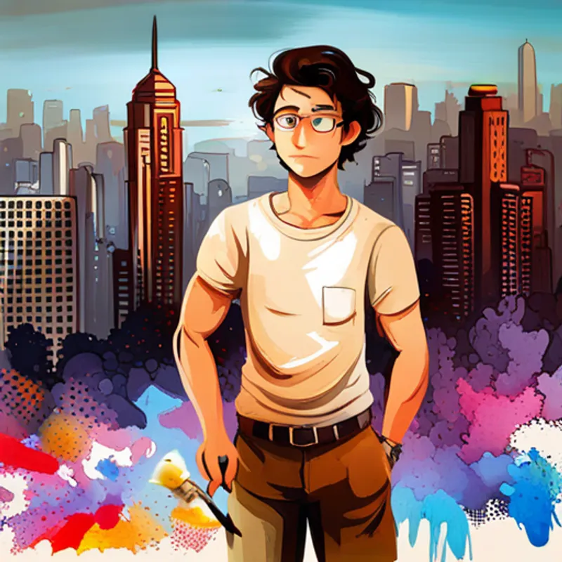 Young artist with messy hair, colorful clothes, and paint stains with his paintbrush, standing in front of Mumbai skyline