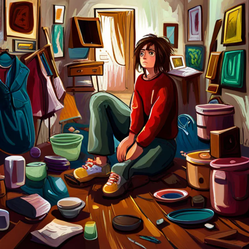 Young artist with messy hair, colorful clothes, and paint stains looking disappointed in a messy and crowded room