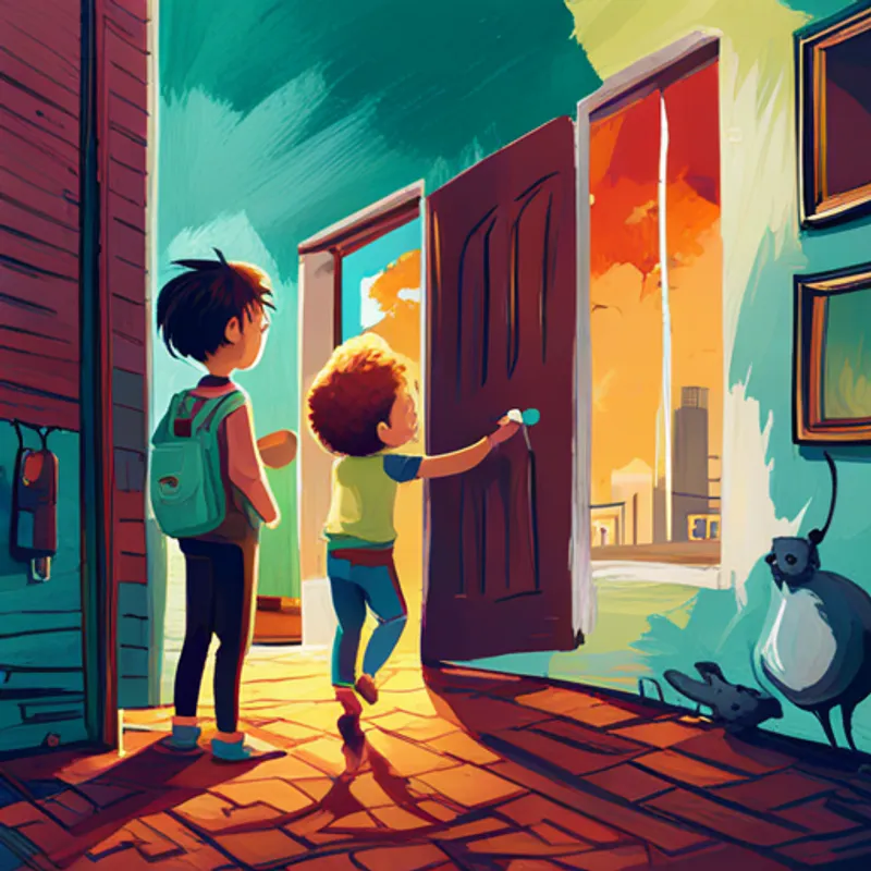 Young artist with messy hair, colorful clothes, and paint stains and his new artist friend unlocking a door to a hidden rooftop studio