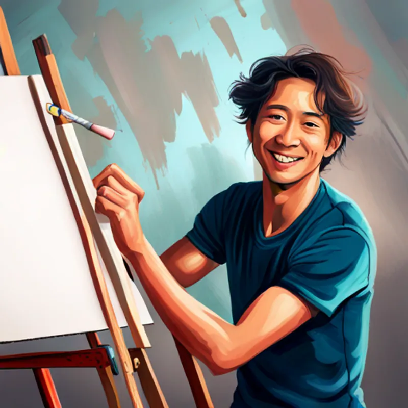 Young artist with messy hair, colorful clothes, and paint stains smiling and confidently painting on a canvas