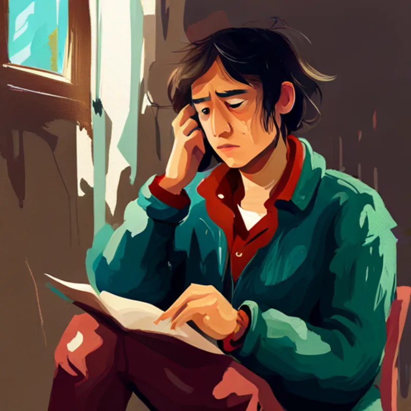 Young artist with messy hair, colorful clothes, and paint stains looking sad while reading a negative review