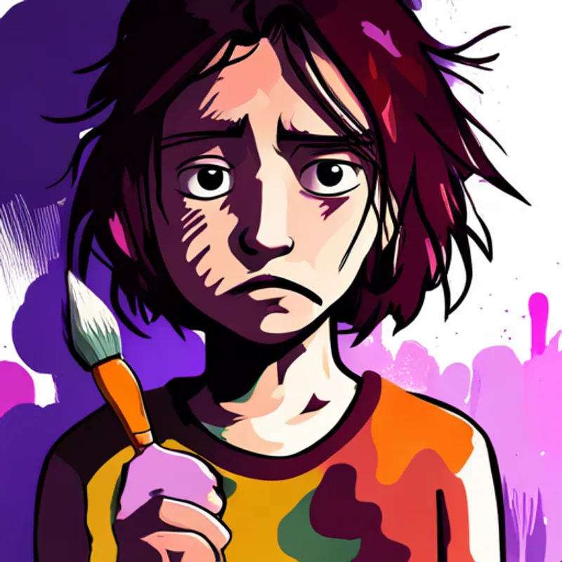 Young artist with messy hair, colorful clothes, and paint stains with a sad expression, holding a broken paintbrush