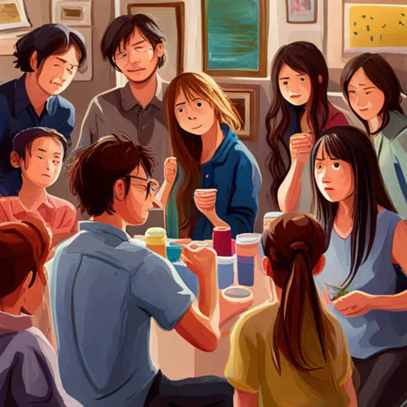 Young artist with messy hair, colorful clothes, and paint stains surrounded by friends and family offering support