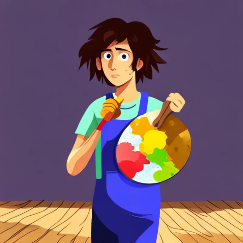 Young artist with messy hair, colorful clothes, and paint stains looking determined and holding a paint palette