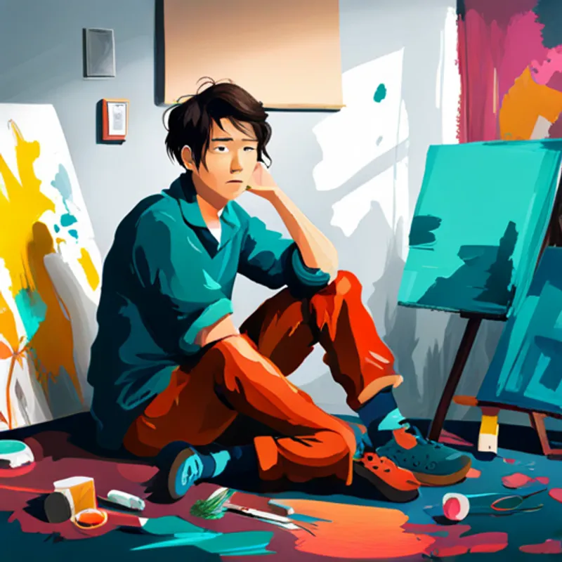 Young artist with messy hair, colorful clothes, and paint stains painting confidently, surrounded by his vibrant and unique artwork