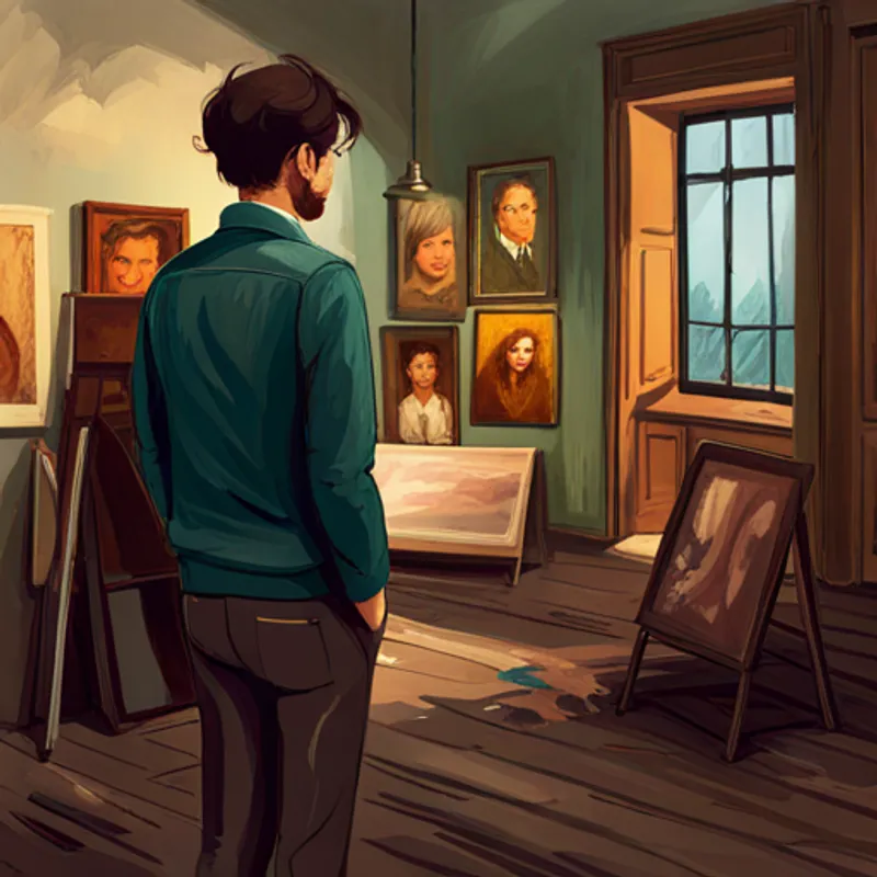 Young artist with messy hair, colorful clothes, and paint stains's artwork displayed in an art gallery with people admiring