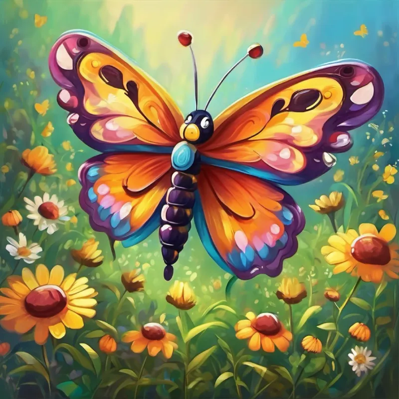 A cheerful butterfly with shimmering, multi-colored wings spreading news about the Meadow Dance to her friends, the bees and ladybugs.