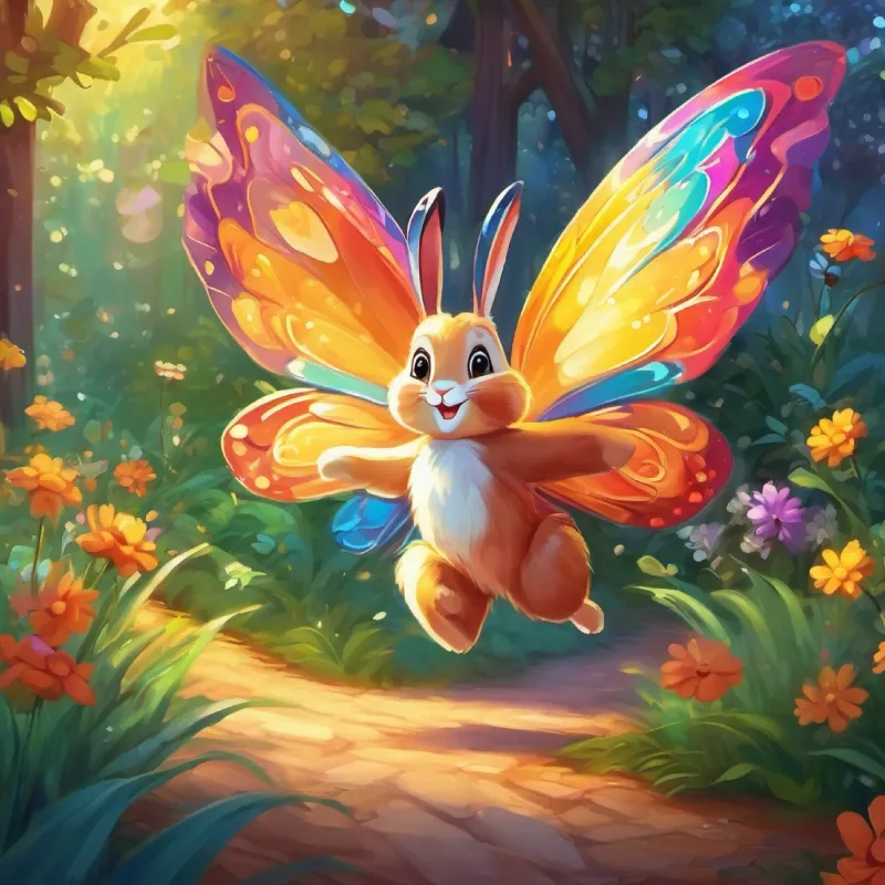 A cheerful butterfly with shimmering, multi-colored wings invites the rabbits, who are excited and start practicing to dance.