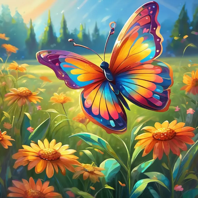 A cheerful butterfly with shimmering, multi-colored wings prepares the meadow for the dance, decorating the surroundings.