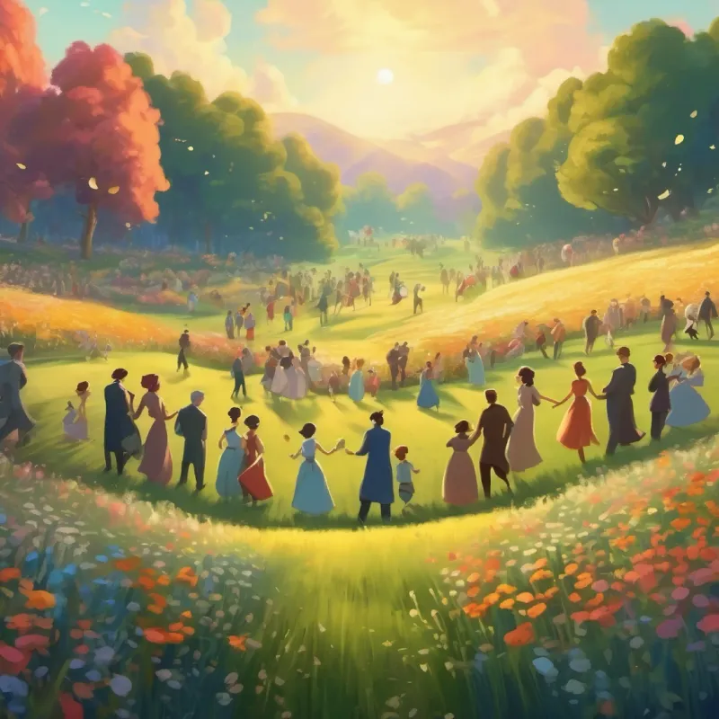 The meadow full of friends, everyone gathered for the Grand Meadow Dance.