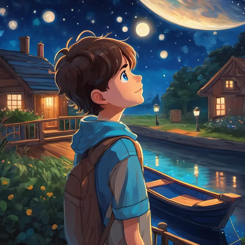 Curious teenager with brown hair and bright blue eyes standing in the backyard, looking up at the night sky with a shimmering boat floating above