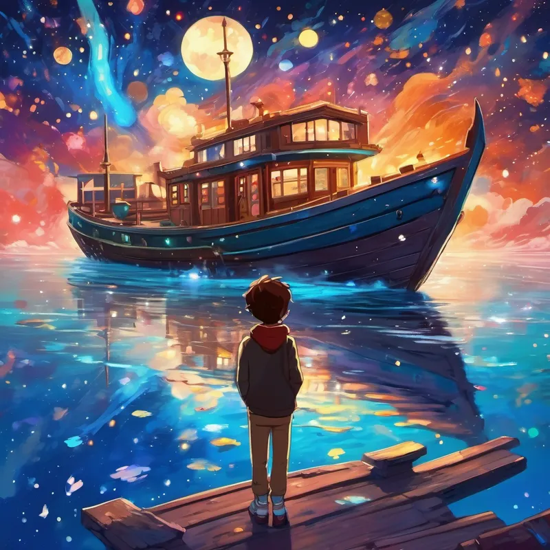 Curious teenager with brown hair and bright blue eyes standing on the shimmering boat, surrounded by shooting stars and colorful nebulas