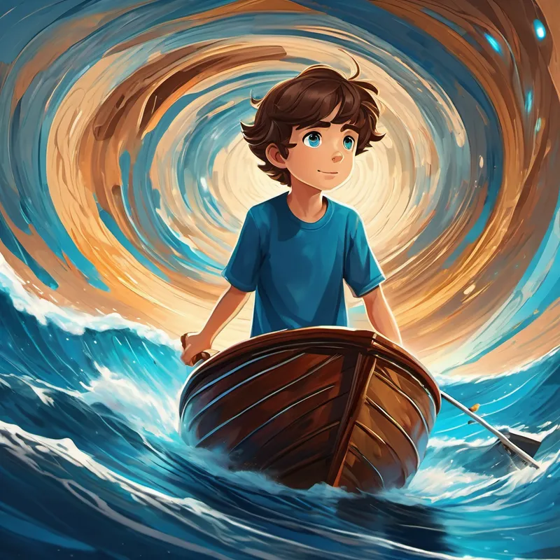 Curious teenager with brown hair and bright blue eyes gripping the boat's edges tightly as it goes through the swirling wormhole