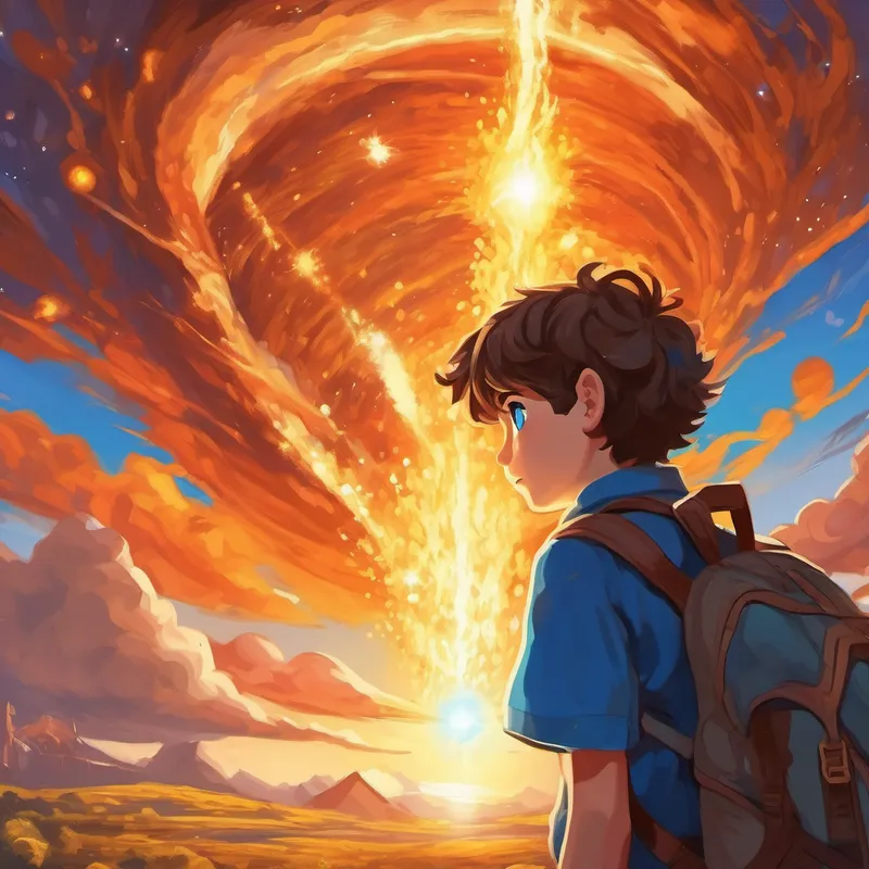 Curious teenager with brown hair and bright blue eyes observing the gigantic star with solar flares erupting from its surface