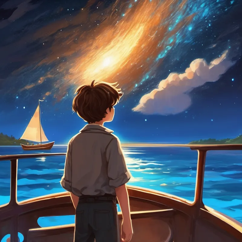 Curious teenager with brown hair and bright blue eyes looking at the shimmering comet passing by the boat, with a tail of glowing dust