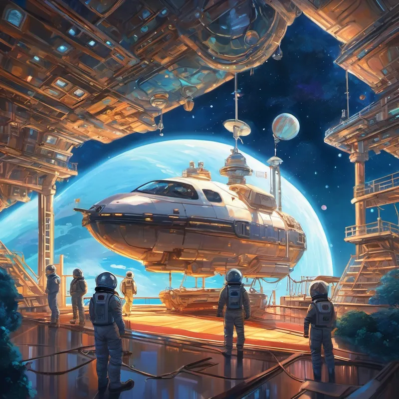 The shimmering boat docking at the space station, with floating astronauts outside