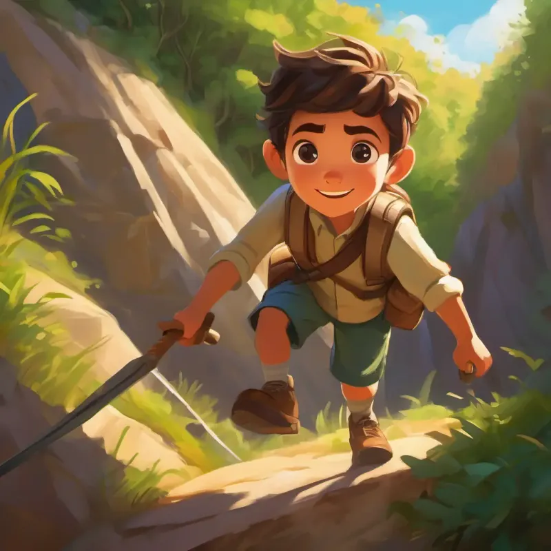 A young boy with bright, curious eyes, and a confident smile's journey through challenging obstacles, gaining courage and valuable lessons