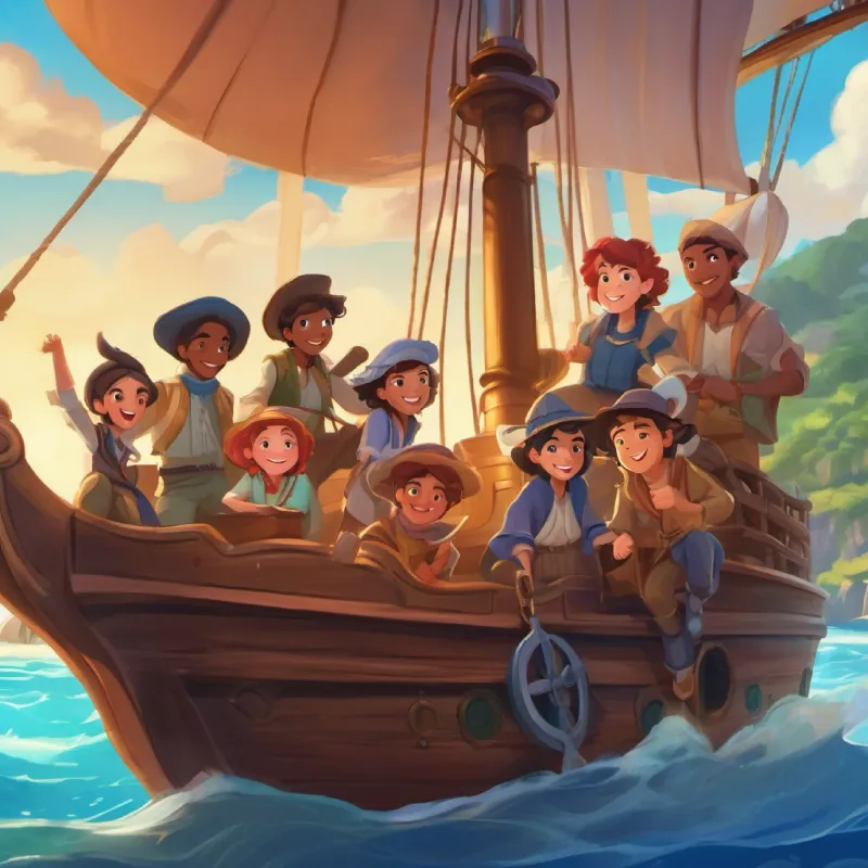 Introducing the setting and the mystery of the enchanted island. Characters: a A diverse group of friends with adventurous spirits and big smiles, setting sail on a ship.