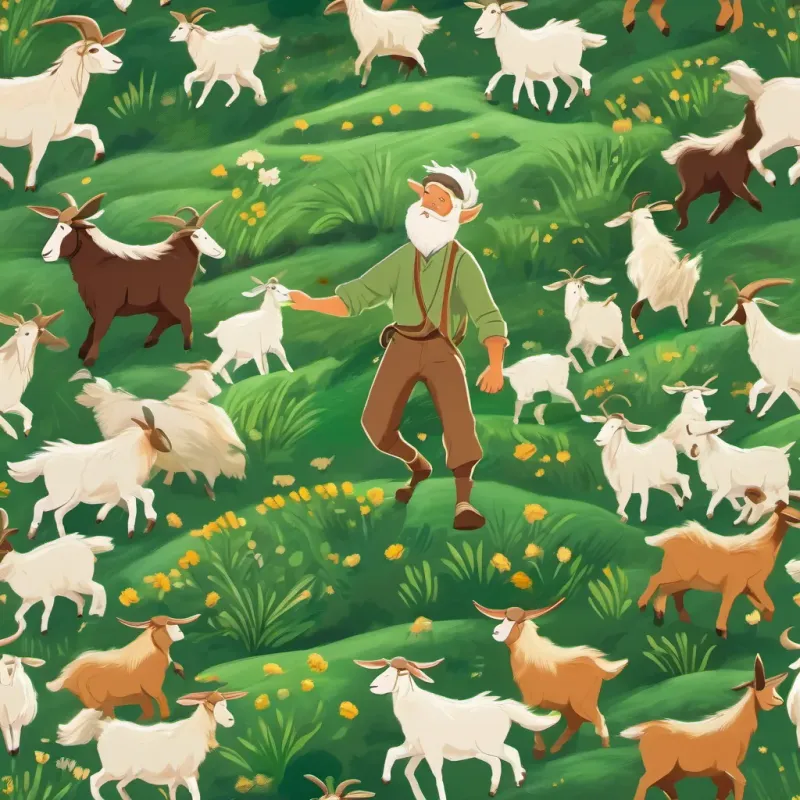 A cheerful goat herder dancing in a green valley surrounded by goats.