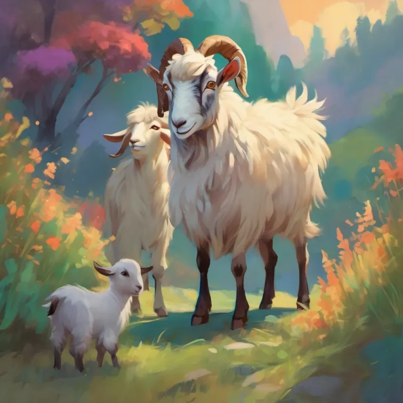 A colorful goat with a fluffy tuft on its head, standing next to a smiling herder.