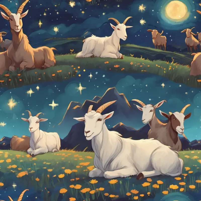 Goats resting peacefully in a field under a starry night sky.