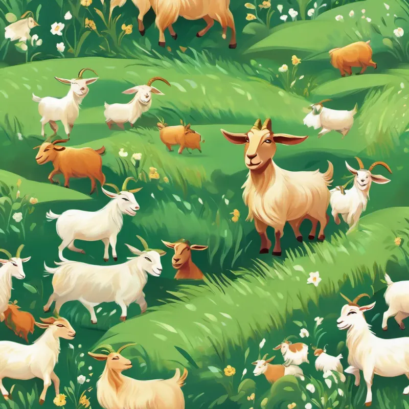 A cheerful goat herder with a big smile, dancing joyfully in a green valley, A unique goat with a fluffy tuft on its head, full of tricks and cheer, and the herd lying together, radiating contentment and unity.