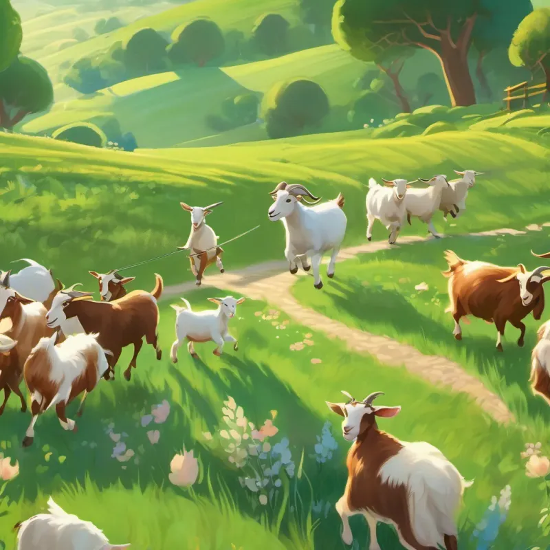 Goats happily trotting towards A cheerful goat herder with a big smile, dancing joyfully in a green valley with the morning sun rising.