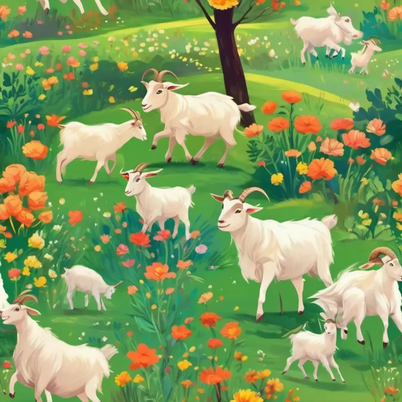 Wild goats dancing around in a meadow with vibrant flowers and A cheerful goat herder with a big smile, dancing joyfully in a green valley cheering.