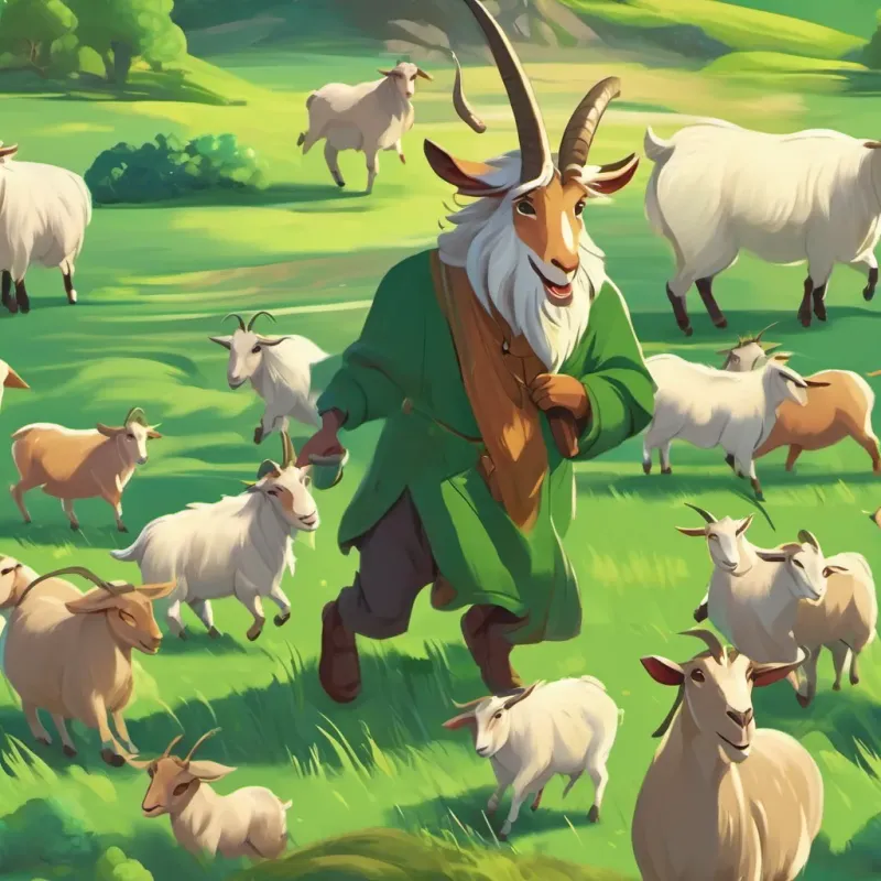 Wild goats looking curiously at A cheerful goat herder with a big smile, dancing joyfully in a green valley who has a wide, inviting smile.