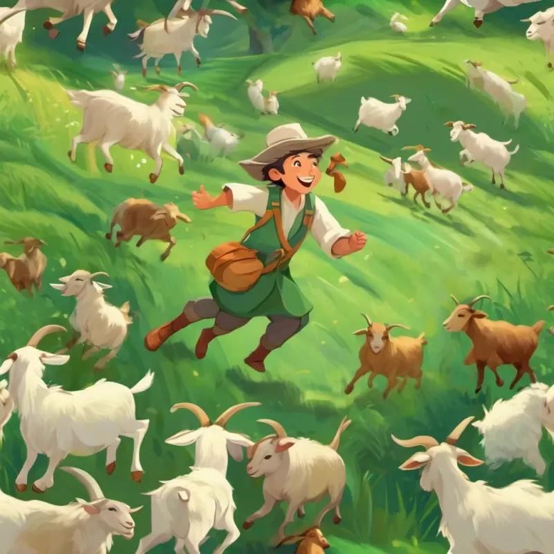 A cheerful goat herder with a big smile, dancing joyfully in a green valley dancing with the wild goats, all smiling and hopping around merrily.
