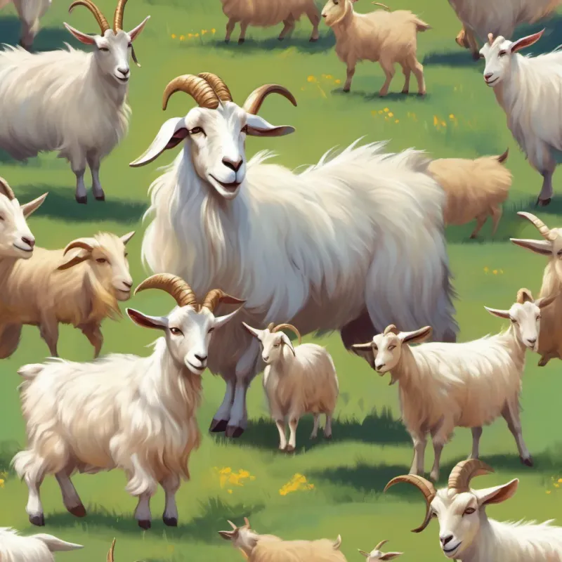 A unique goat with a fluffy tuft on its head, full of tricks and cheer the goat doing tricks, entertaining the wild goats in a sunny field.