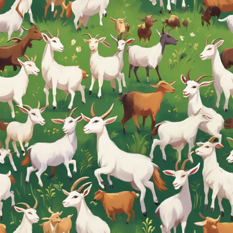 The now larger herd of goats playing together happily under A cheerful goat herder with a big smile, dancing joyfully in a green valley's watch.