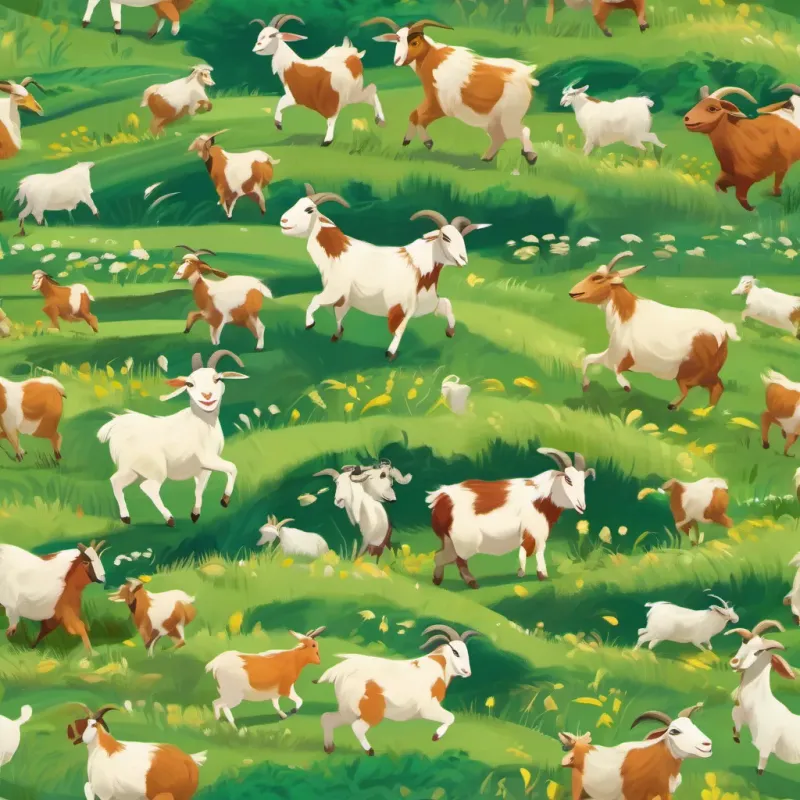 A cheerful goat herder with a big smile, dancing joyfully in a green valley and the herd walking through the fields, all joyful and close-knit.