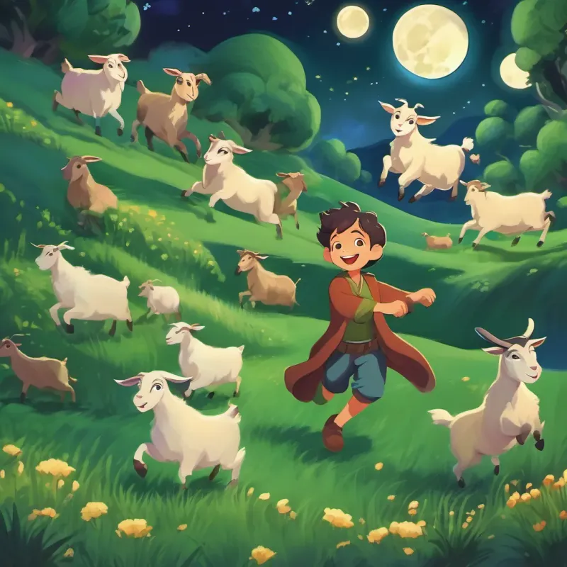 A serene nighttime scene with A cheerful goat herder with a big smile, dancing joyfully in a green valley and his goats lying under the moonlight.