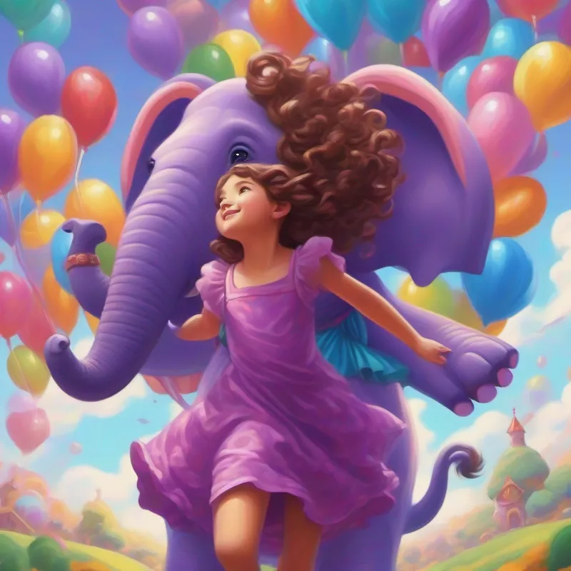 Curly brown hair, purple dress and Big blue flying elephant fly to a candy land, colorful