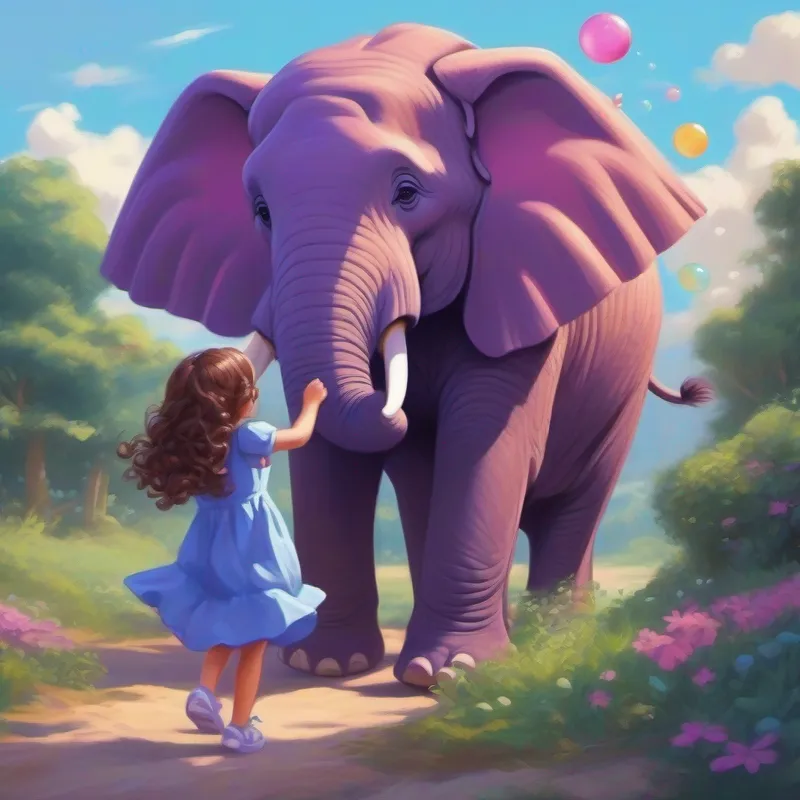 Curly brown hair, purple dress helps Big blue flying elephant get unstuck from bubble gum, amusing