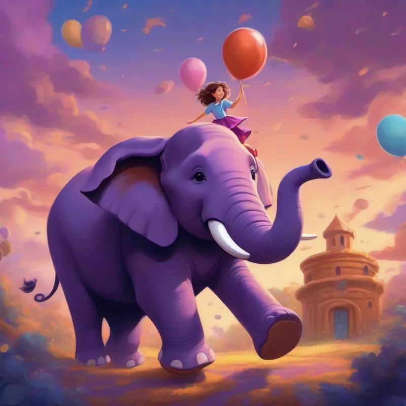 Curly brown hair, purple dress and Big blue flying elephant chased by giant cookies, messy