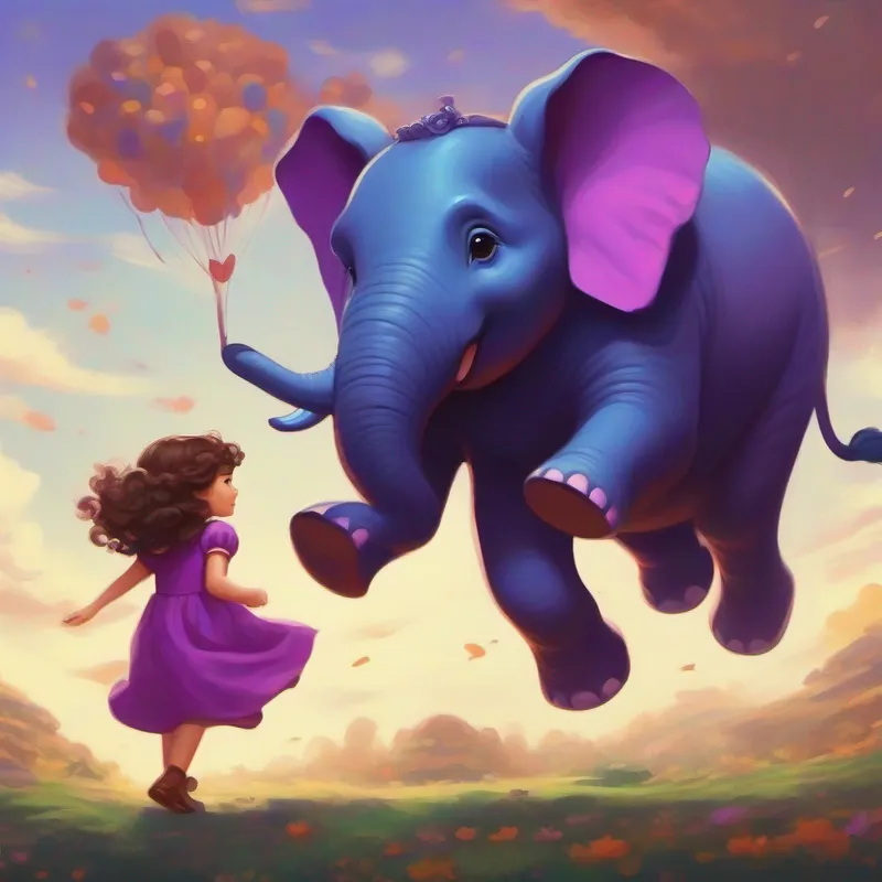 Curly brown hair, purple dress and Big blue flying elephant turn into chocolate and back, hilarious