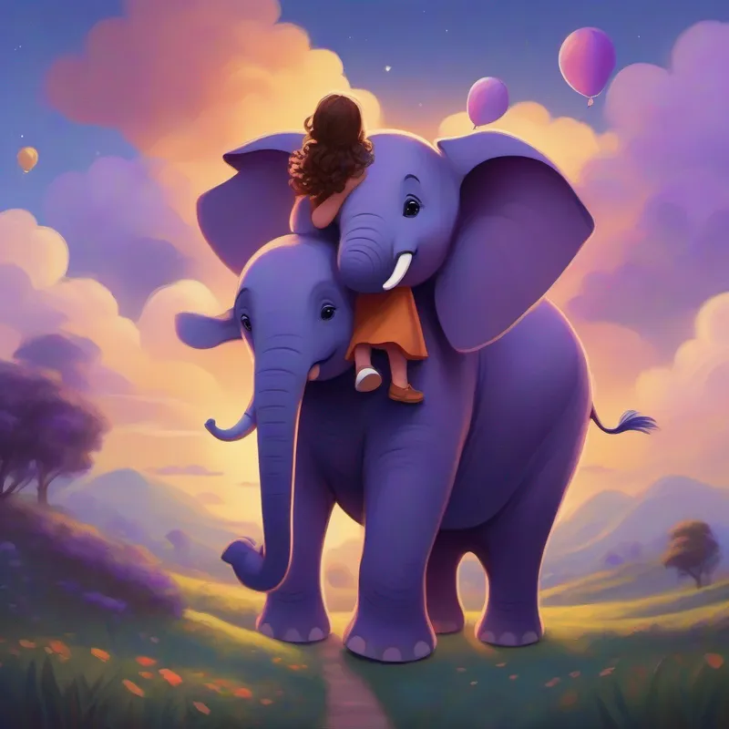 Curly brown hair, purple dress and Big blue flying elephant return home and hug, heartwarming