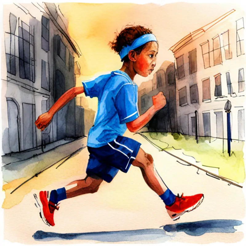 A boy with red running shoes, wearing a blue headband running with a determined expression on his face